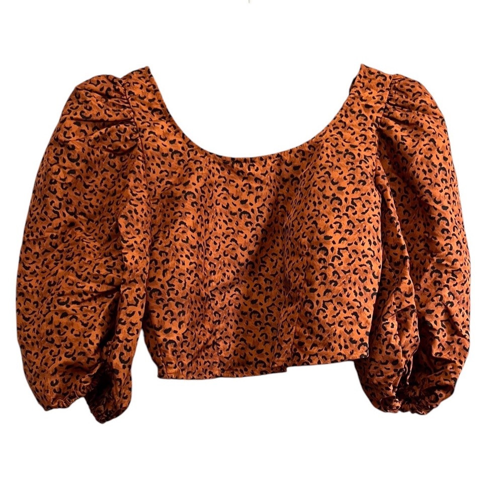Levis Crop Top Womens M Orange Leopard Excellent Puff Sleeve Smocked Back